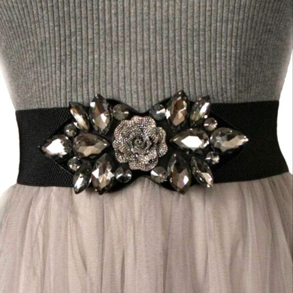 Ornate Rhinestone Black Victorian Stretch Wide Belt - Picture 2 of 6